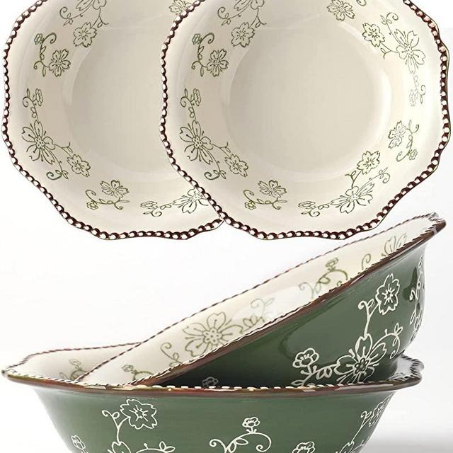 KUNABOO Artisanal Ceramic Soup Bowl, Dinner Bowls Ceramic, Dinner Bowls Set of 4 - 14 oz - Sakura Floral Series Pine Green - Ready to Wrap Gift