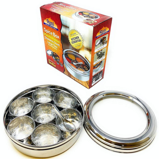 Rani Spice Box Stainless Steel Transparent Round Storage For Spices (Masala Dabba) 7 Compartments, with spoon (9.2in x 3in) ~ Packed in an attractive box, perfect for gifts!
