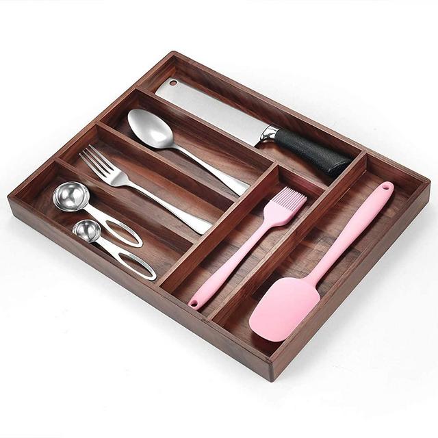 Bamber Walnut Wood Kitchen Drawer Organizer Wooden Silverware Flatware Utensils Cutlery Tray Storage Holder with 6 Compartments, 15.9 x 12.5 x 1.5 Inches