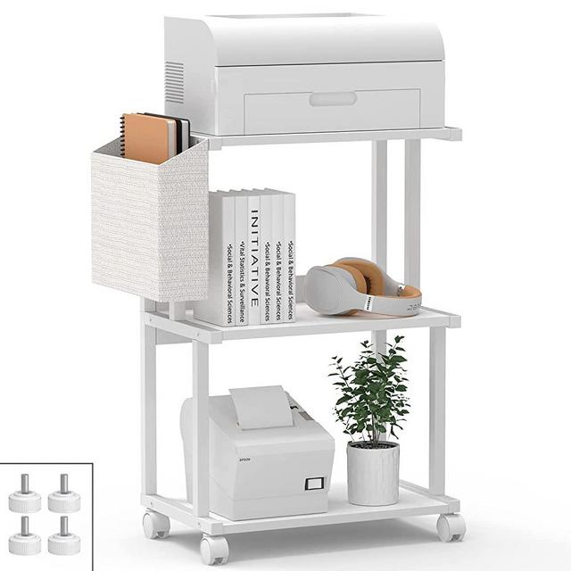 Ostreeful 3 Tier Printer Stand Modern White Printer Mobile Wooden Printer Shelf Table Organizer for Home Office Kitchen