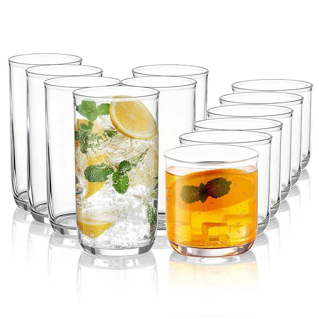 Kyraton Drinking Glasses Set of 12, PET Clear Plastic Highball Glasses 14oz & Whisky Cocktail Glasses Set 11.5oz, Heavy Duty Unbreakable Water Glasses Cup Tumbler Glassware for Beer, Juice, Milk