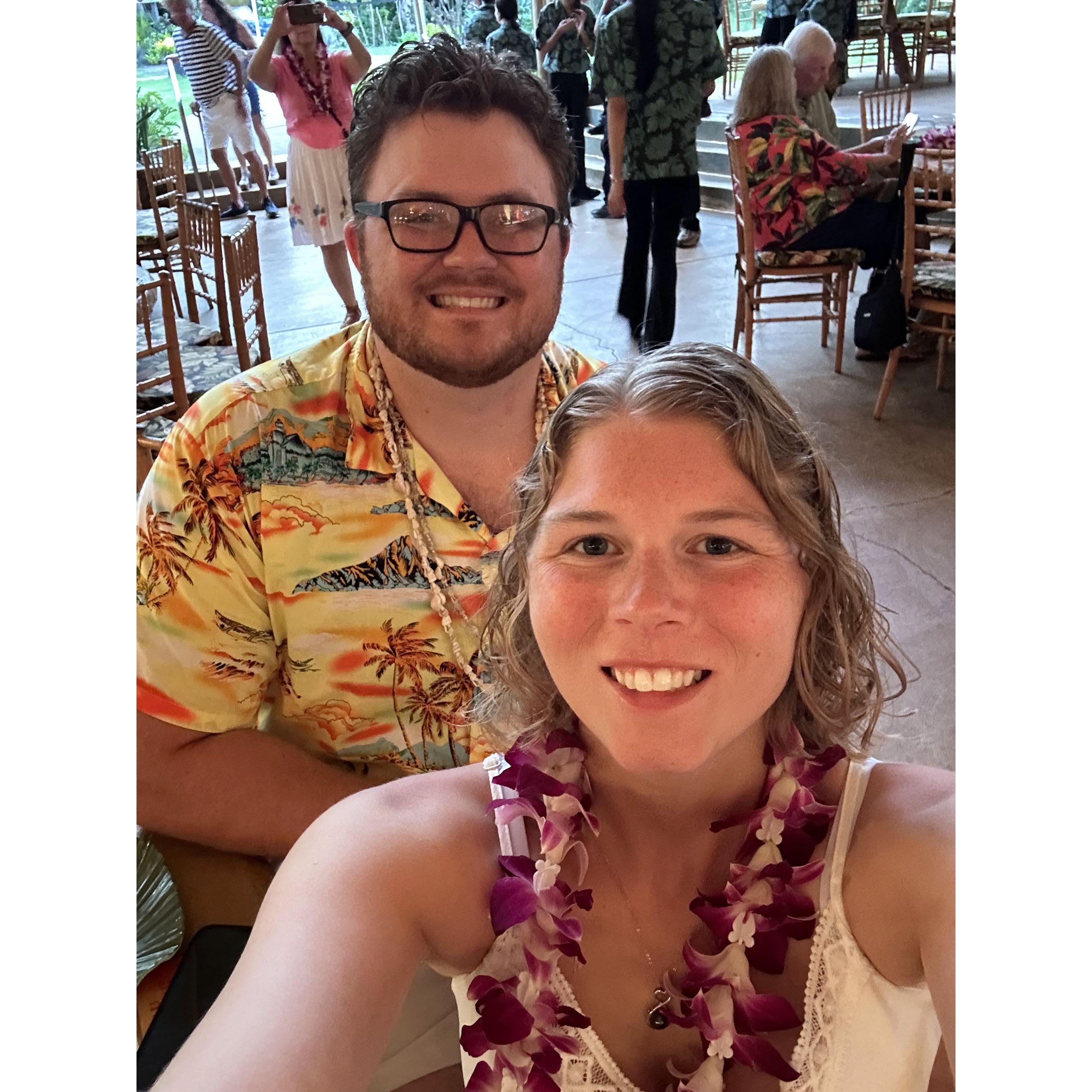 Nathan and Morgan at a luau on their Hawaii trip in 2024.