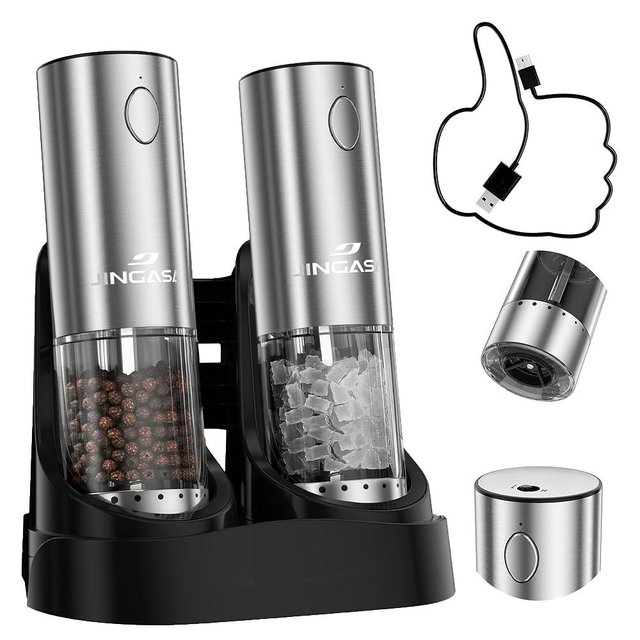 [Upgraded Larger Capacity] Electric Salt and Pepper Grinder Set with USB Charging Base, 95ml Large Capacity, Adjustable Coarseness,Stainless Steel Automatic Pepper Mill (Upgraded Adjustment-B)
