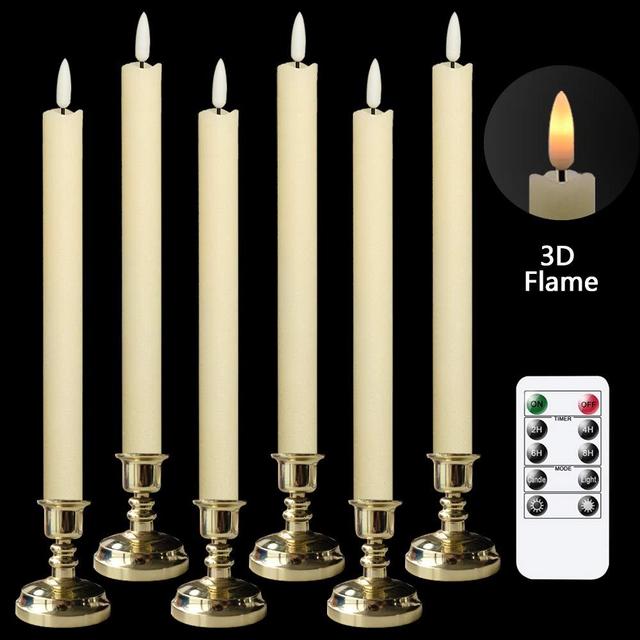 GenSwin Flameless Taper Candles with Remote Timer, Battery Operated Flickering Real Wax LED Window Candles with Removable Gold Candle Holders for Wedding/Party/Birthday Decor(Pack of 6, Ivory)