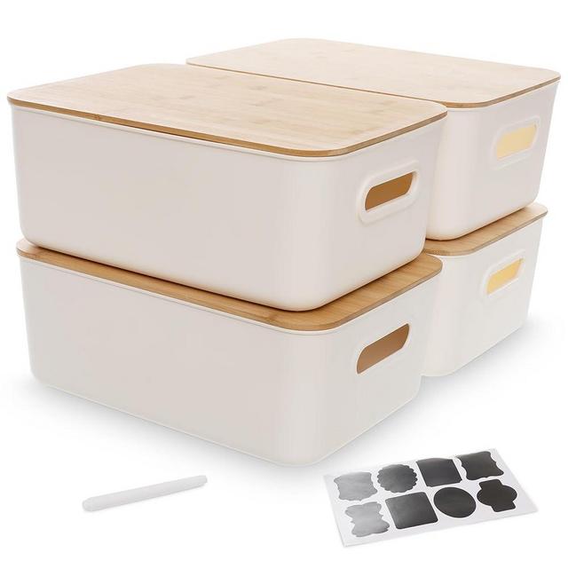 Citylife 4 PCS Storage Bins with Bamboo Lids Plastic Storage Containers for Organizing Stackable Storage Box with Handle, 15.12 x 10.67 x 5.98 inch