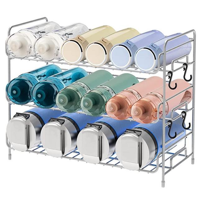 Mefirt Water Bottle Organizer, 3-Tier Water Bottle Organizer for Cabinet, Stackable Water Bottle Storage Rack, Soda, Can, Water Bottle Holder for Cabinet, Kitchen Countertops, Pantry, Fridge (Silver)