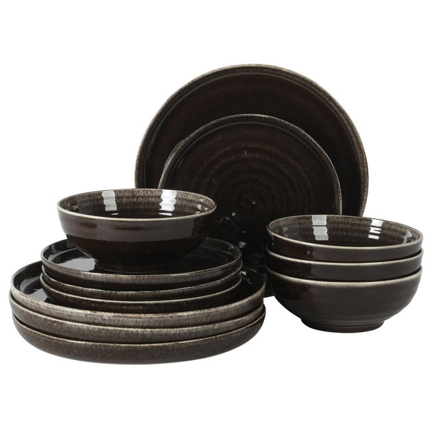 Gibson Elite Eclipse Swirls Plates and Bowls Sets, 12-Piece Stoneware Dinnerware Sets, Reactive Glaze Dish Set Black