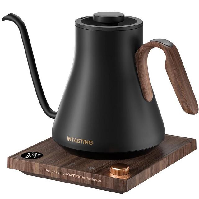 INTASTING Electric Kettle, Gooseneck Electric Kettle, ±1℉ Precise Temperature Control, Stainless Steel Interior, Quick Heating for Pour Over Coffee, Tea & Boiling Water, 0.9L (Matte Black & Wood)