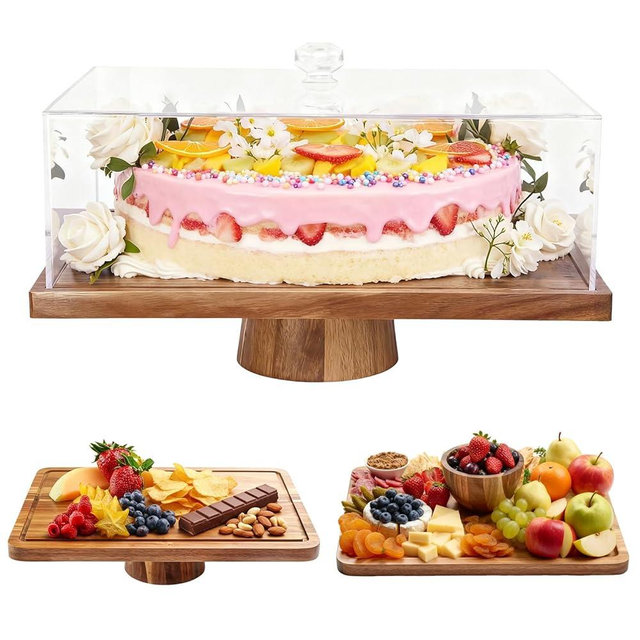 Acacia Wood Cake Stand with Lid,17'' Rectangle Cake Holder,2-in-1 Dessert Display Stand&Large Charcuterie Board,Cupcake Stand for Party Wedding,Serving Tray with Acrylic Dome for Cheese,Fruit Platter