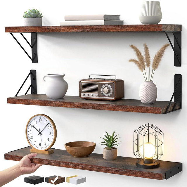 BAYKA 23-in Floating Wall Shelves, Rustic Wood Wall Shelves for Bedroom, Bathroom, Kitchen & Living Room, Display Shelf for Books, Plants & Decor (Rustic Brown)
