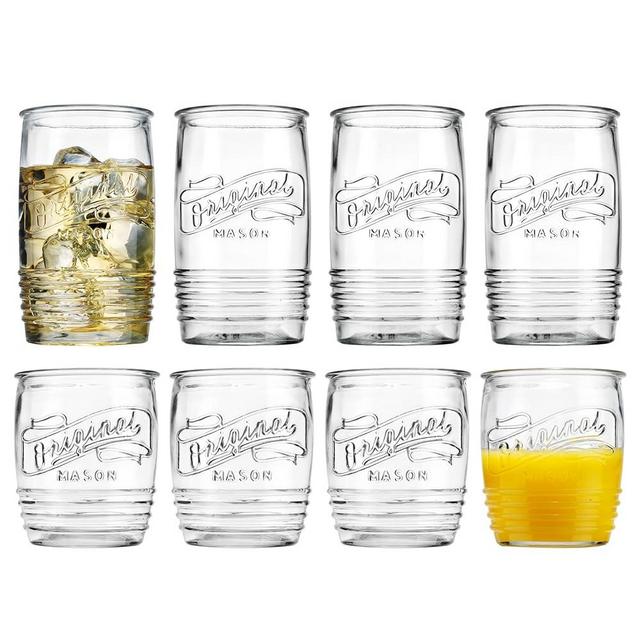 Glaver's Modern Original Mason Set of 8 Drinking Glasses 4-20 Oz Highball, and 4-13 Oz Whiskey Glass Cups For Everyday Home Use Water, Beer, Juice, Cocktail.