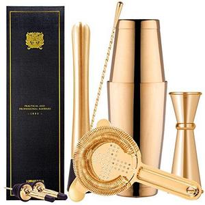 Boston Cocktail Shaker Bar Set By Homestia 8-Piece: 18oz & 28oz Shaker Tins, Hawthorne Cocktail Strainer, Double Jigger, 12'' Mixing Spoon, 7'' Drink Muddler and 2 Cocktail Pourer (Gold Plated)