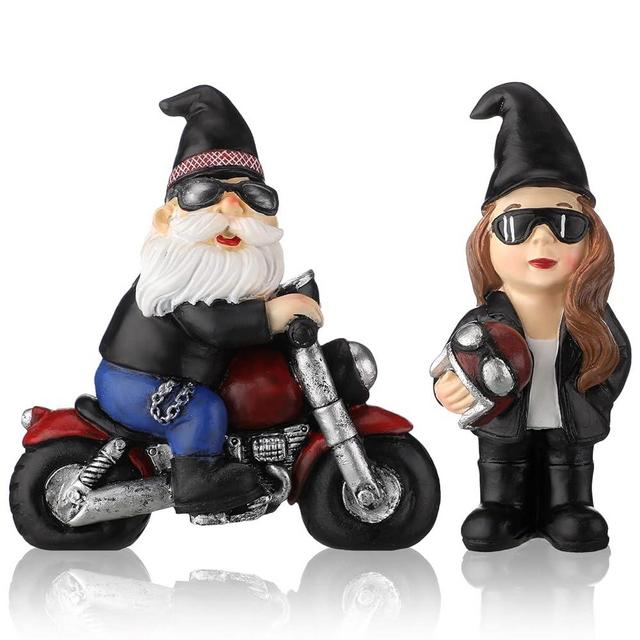 2 Pcs Biker Gnomes Coffee Riding Motorcycle Christmas Gnomes Swedish Tomte Gnomes Resin Gnome Figurines Tiered Tray Collectible Tabletop Decor for Home Farmhouse Office Decor (Biker Gnome)