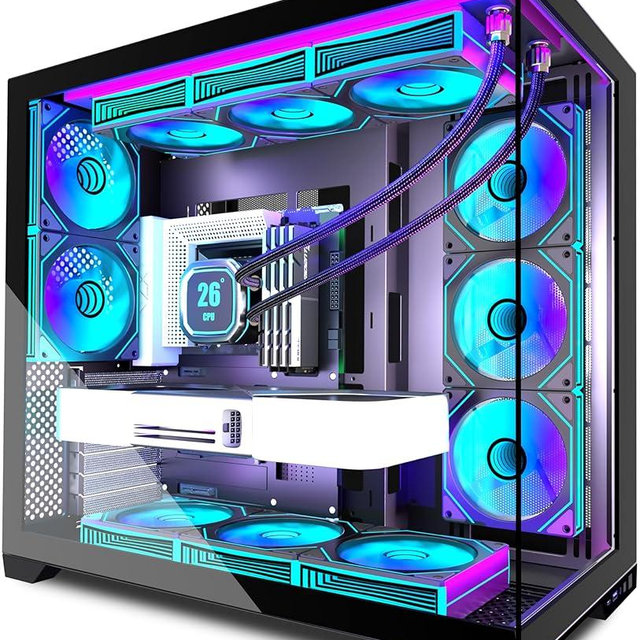 ANSAITE PC CASE 9 PWM ARGB Fans Pre-Installed, Mid-Tower Gaming PC Case, Panoramic Tempered Glass Computer Case with Type-C,420mm&360mm Radiator Support，Black,K9