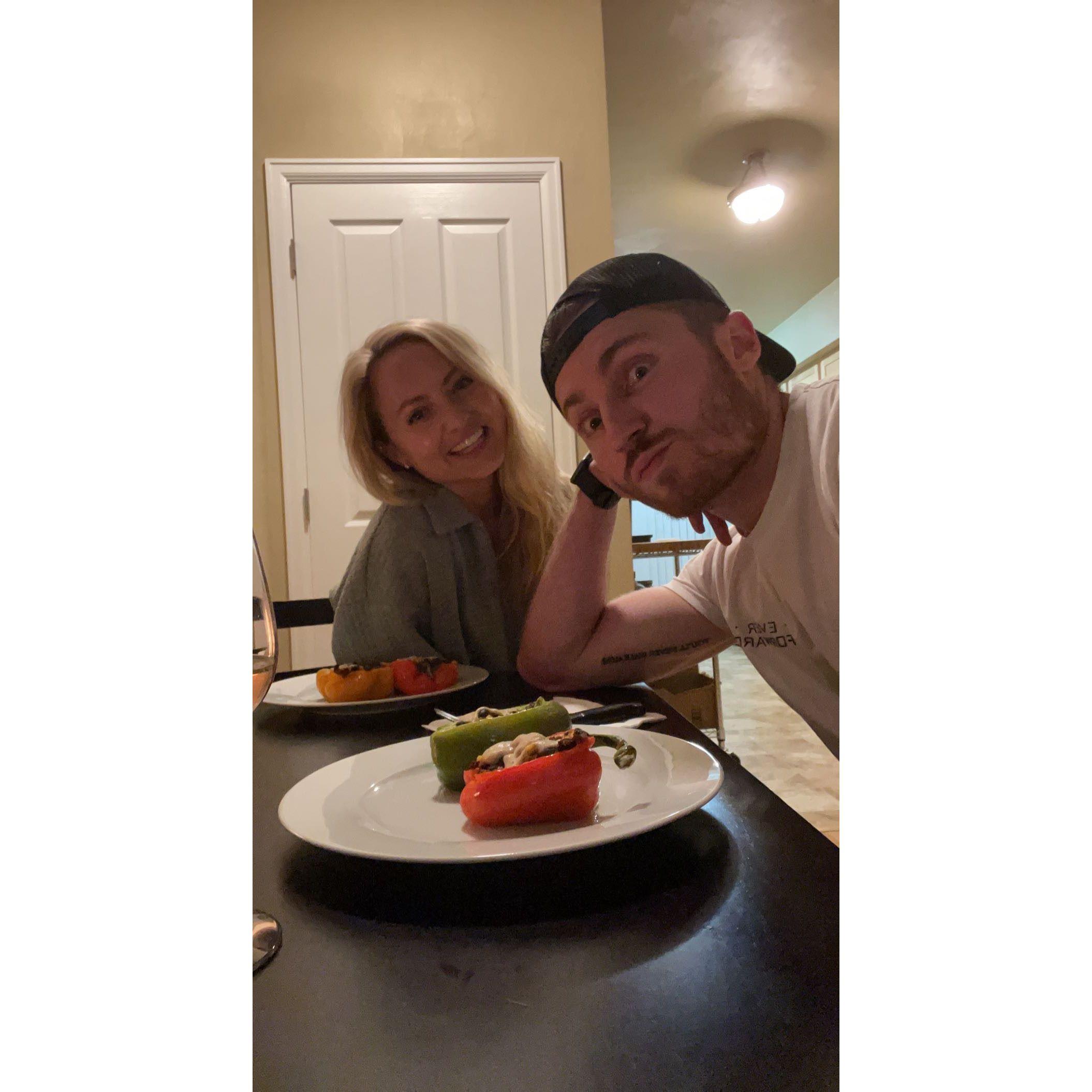 Second date and our first picture together. Kyle stealing Sara's heart with a homemade vegan meal (shoutout Maggie for answering frantic calls while in search of vegan cheez) in his college apartment.