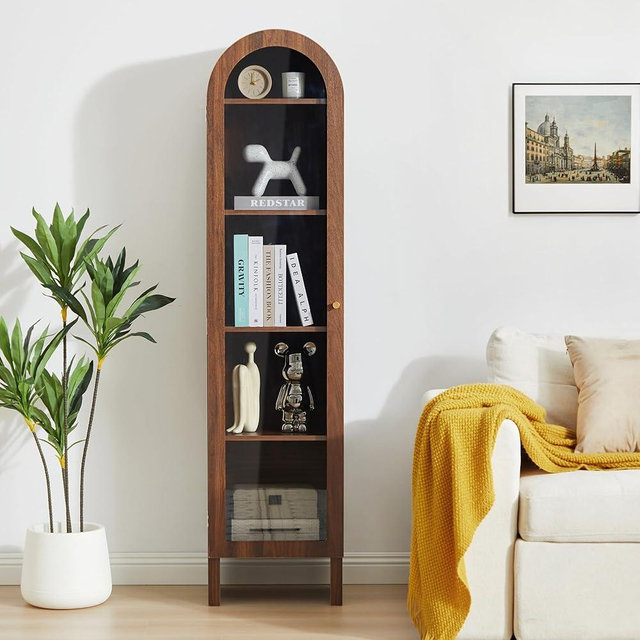 YUCHIATH 66.93" H Arched Bookcase, 5-Tier Arched Cabinet Bookcase with Adjustable Shelves, Accent Display Cabinet with Glass Door for Living Room, Reading Room and Bedroom (Walnut)