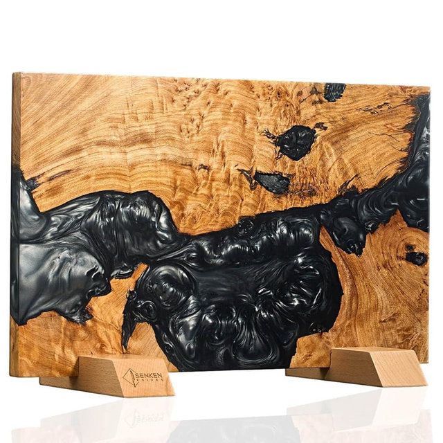 SENKEN "Black Tsunami" Extra Large Magnetic Knife Block - Holds Up to 16 Knives - Knife Block without Knives, Universal Knife Holder, Beautiful Dark Resin & Natural Wood Blend (Black Resin)