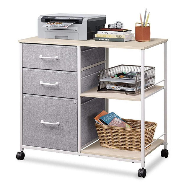 DEVAISE 3 Drawer Mobile File Cabinet, Rolling Printer Stand with Open Storage Shelf, Fabric Lateral Filing Cabinet fits A4 or Letter Size for Home Office, Light Grey