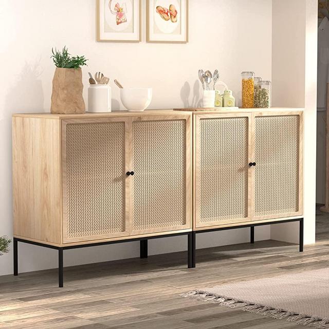Yechen Storage Cabinet with 2 Handmade Natural Rattan Doors, Console Table Sideboard Buffet Cabinet with Storage, for Living Room, Dining Room, Entryway, Kitchen, Nature 2(2 Pieces 2 Packages)