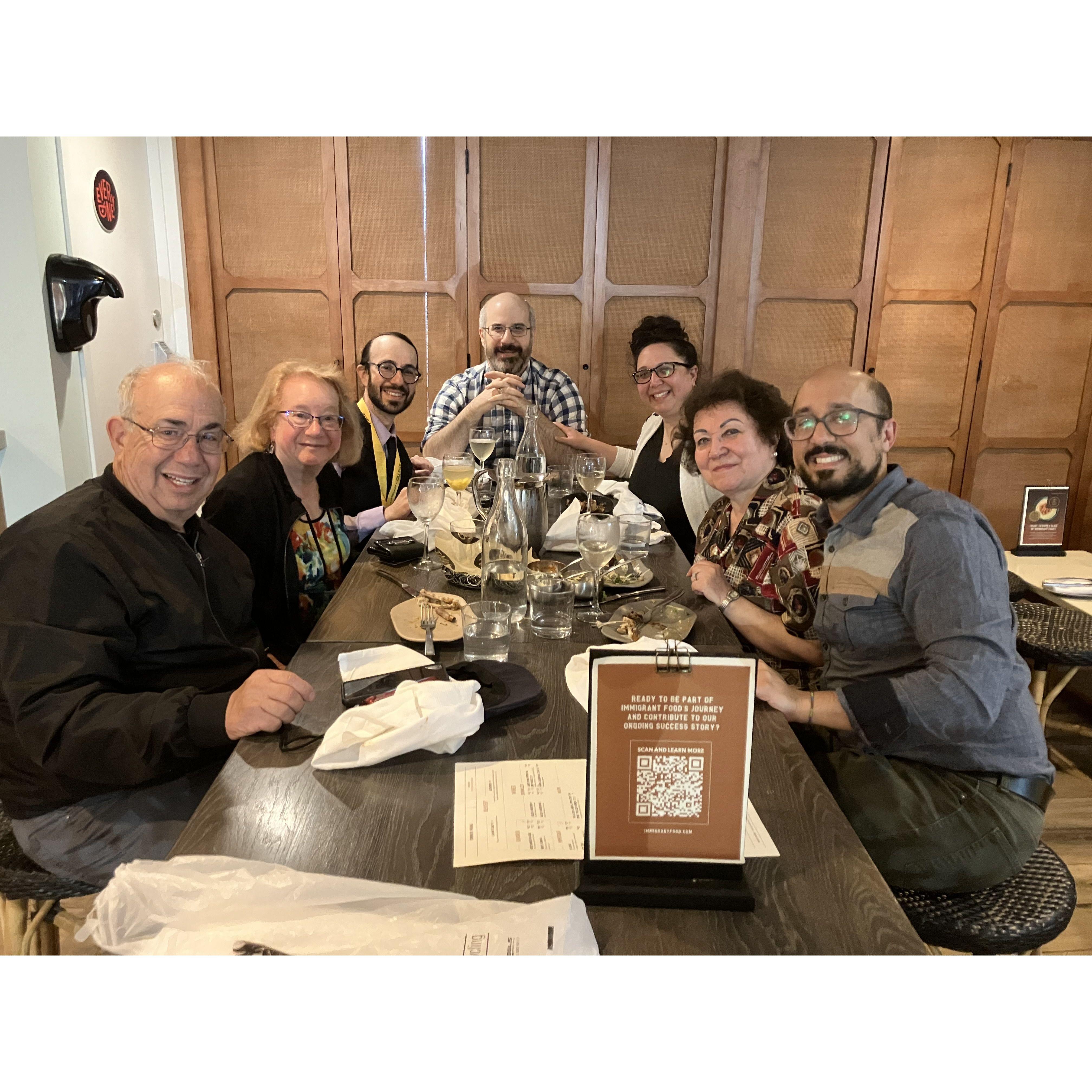 Grateful that Fareed's mom Vida, sister Sheeva, and brother-in-law Nate could join Shawn's parents Beth and Mark for a dinner celebrating Shawn's graduation in Washington, D.C.