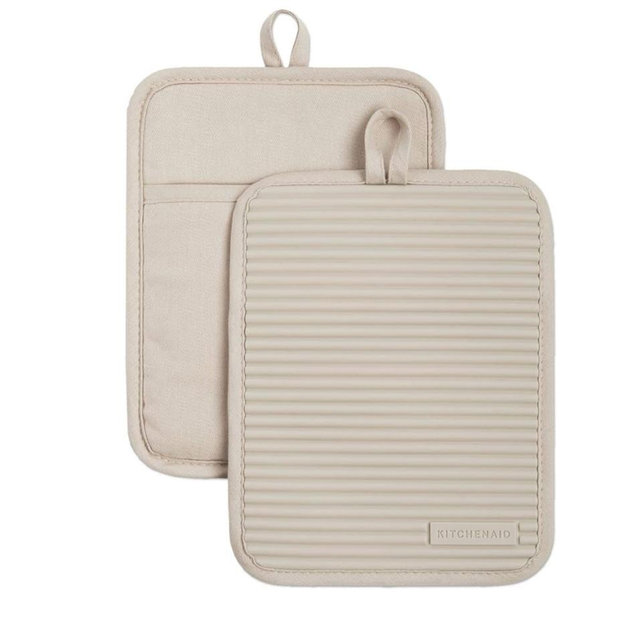 KitchenAid Ribbed Soft Silicone Pot Holder 2-Pack Set, Milkshake Tan, 7"x9"