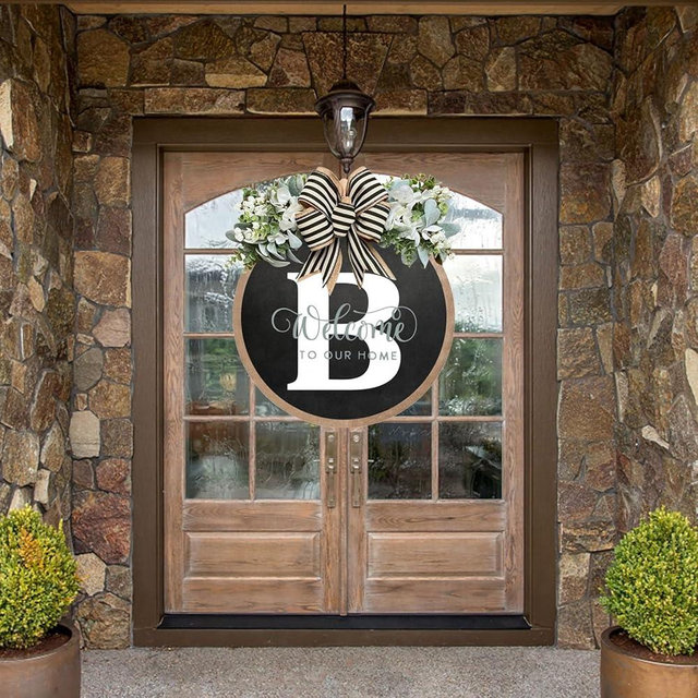 Last Name Wreaths for Front Door 2024 Year Round Front Door Wreath Front Porch Decoration 26 Letter Welcome Sign with Eucalyptus Garland and Bow Spring Wreaths for Front Door Outside Hanger (B)