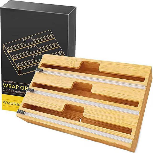 Bamboo Wrap Dispenser With Cutter - 3 In 1 Bamboo Wood Aluminum Foil Dispenser With Cutter,foil Organizer For Drawer, Refillable Professional Fresh-keeping Box, Creative Kitchen Tools