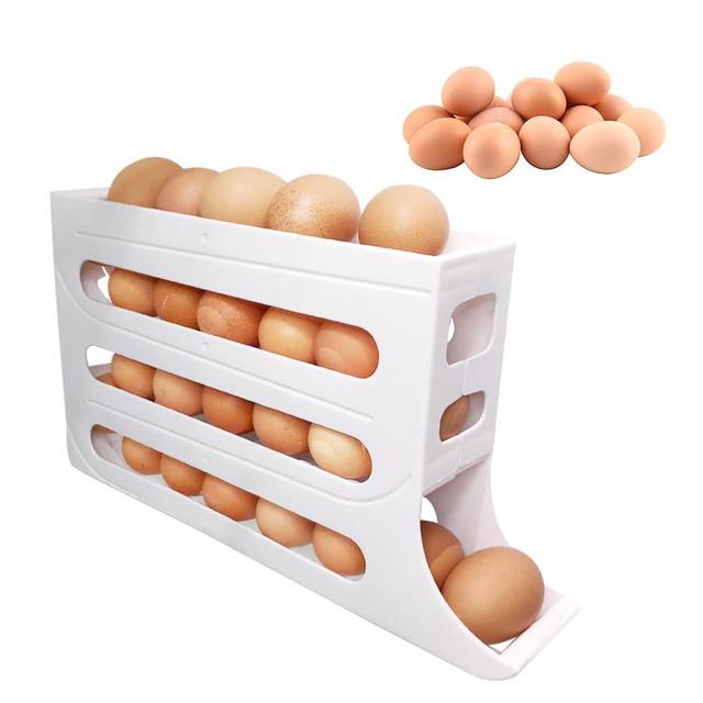 4 Tiers Egg Holder for Fridge, Automatic Scrolling Egg Rack Holder, Space-Saving Egg Dispenser Auto Rolling, Large Capacity Eggs Organizer Storage 30 Egg for Fridge, Kitchen (White, 1PCS)
