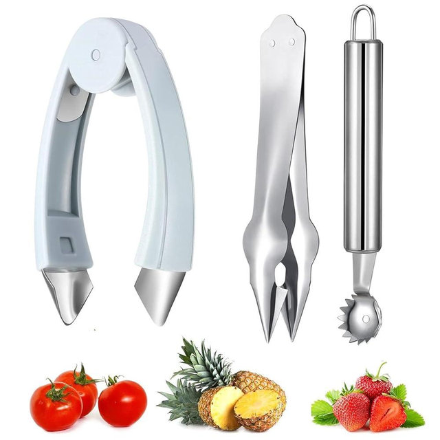Strawberry Hullers Remover Multifunctional Pineapple Stem Corer Tool Tomato Pineapple Eye Corer Eye Peeler Kitchen Gadget Tool (Gray)