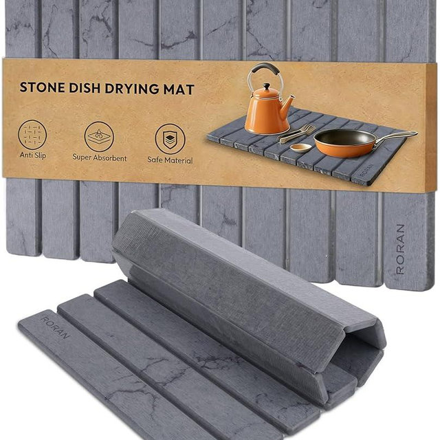 Stone Dish Drying Mat for Kitchen Counter, 24 x 16 inches, Fast Drying Collapsible Dish Drying Mat, Eco-Friendly Absorbent Diatomaceous Earth Mats for Dishes Bottles Cups (Dark Gray)