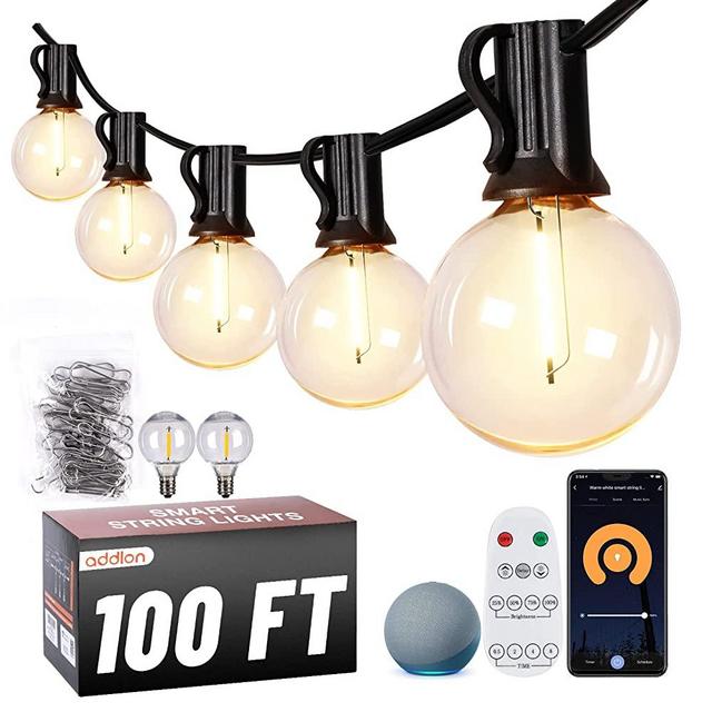 addlon Smart Outdoor String Lights, 100FT APP Control G40 Globe Patio Lights Work with Alexa & Google Assistant, 52 Dimmable Shatterproof and Weatherproof LED Bulbs (2 Spare) for Christmas Decorations