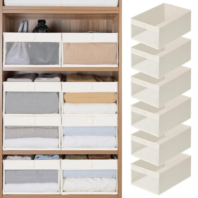 STORAGE MANIAC 6 Pack Storage Bins with Clear Window, Storage Boxes for Shelves, Sturdy Foldable Closet Organization Fabric Shelf Basket for Toy, Towel, Book, Jeans, Offices, Dorm, Wardrobe, Beige