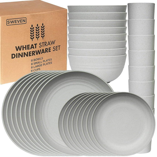 Wheat Straw Dinnerware Sets | Unbreakable Dinnerware Sets | Dishwasher Microwave Safe Dinnerware | Eco Friendly Non Breakable Dinnerware Sets | RV Outdoor Camping (Grey, Service for 8 (32 pcs))