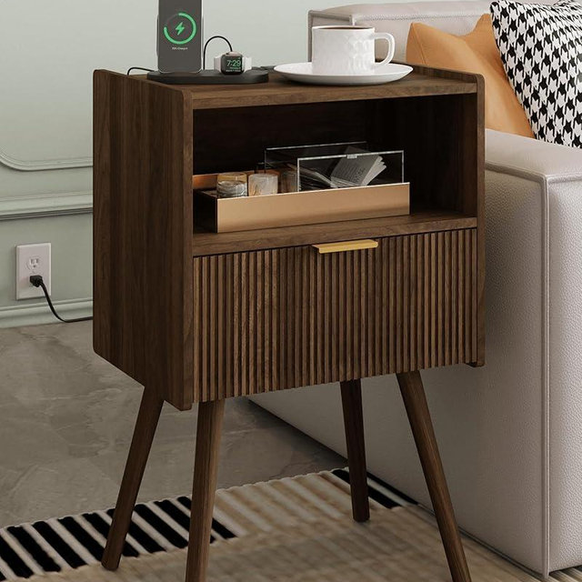 Veegle Nightstand,Modern Bedside Table with Storage Drawer and Open Wood Shelf, Accent Night Stand with Solid Wood Legs for Living Room, Bedroom and Small Spaces,Easy Assembly (Walnut Brown-Outlet)