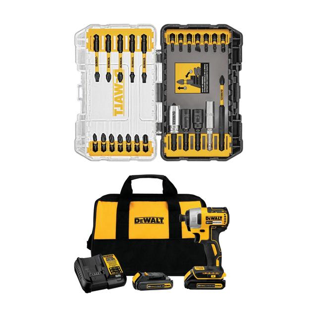 DEWALT 20-volt Max 1/4-in Variable Speed Brushless Cordless Impact Driver (2-Batteries Included) & FlexTorq 25-Piece 1/4-in x Set Impact Driver Bit Set