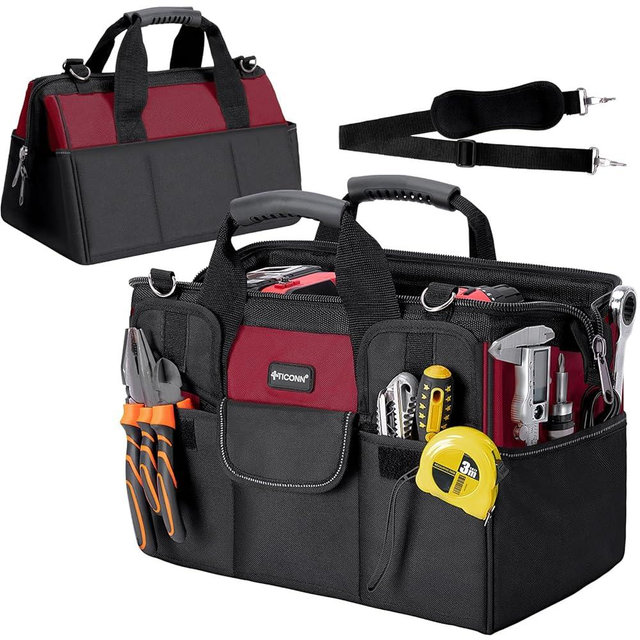 TICONN Heavy Duty Tool Bag with Multi-Pockets, Portable Tool Box Organizer Storage Bag, with Adjustable Shoulder Strap and Ergonomic Handle (Red, 16" Standard Base)
