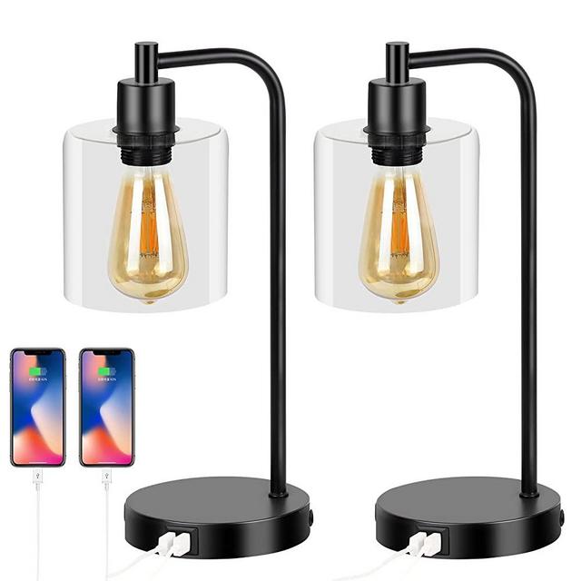 Industrial Touch Control Table Lamps Set of 2 with 2 USB Ports & AC Power Outlet, 3-Way Dimmable Vintage Bedside Nightstand Reading Lamp with Glass Shade for Bedroom Living Room Office Bulbs Included