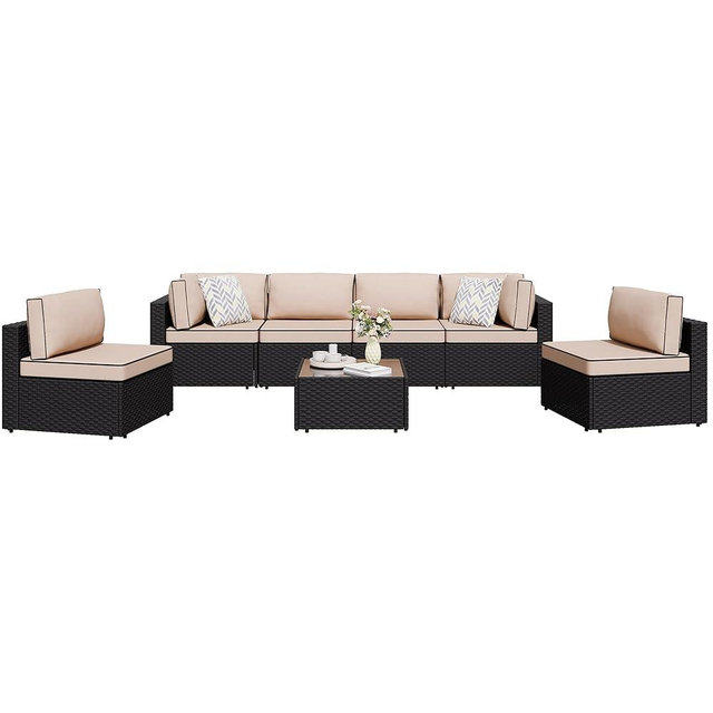 Shintenchi 7 Pieces Outdoor Patio Sectional Sofa Couch, Black Wicker Furniture Conversation Sets with Washable Cushions & Glass Coffee Table for Garden, Poolside, Backyard (Khaki)