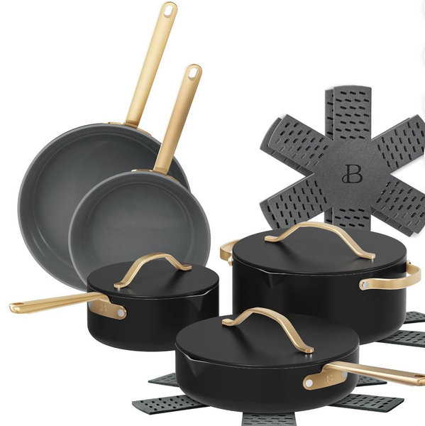 Beautiful 12-Piece Ceramic Nonstick Cookware Set, Pots and Pans with Strainer Lids, Black Sesame by Drew Barrymore
