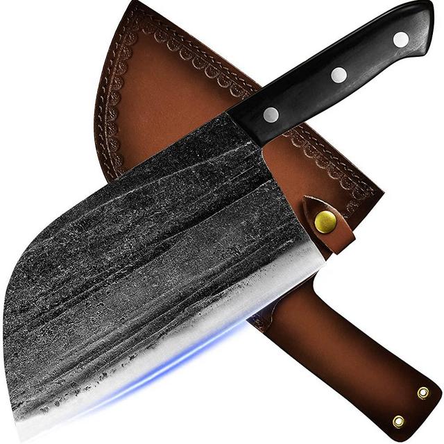 Authentic XYJ Since 1986,Outstanding Ancient Forging, 7.5 Inch Full Tang, Serbian Chefs knife,Chef Meat Cleaver,Kitchen Knives,Set with Leather Sheath,Take Carrying,Butcher,for Camping or Outdoor