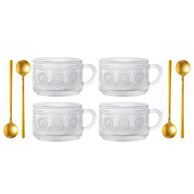kickmove 4 Pack 14oz Vintage Coffee Mugs, Glass Cups with Spoons Clear Embossed Tea Cups, Glass Coffee Mugs Ideal for Latte, Cereal, Tea