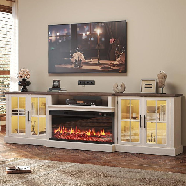 Nordivale 98" Farmhouse TV Stand with 36" Fireplace for TVs up to 100", Media Entertainment Center with Adjustable Shelves and Large Storage Cabinets, for Living Room, White & Black