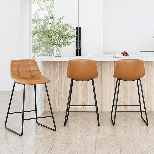 LUE BONA Counter Height Bar Stools, Indoor/Outdoor Mid Century Modern Upholstered Checkered Pattern Leather Dining Chair with Metal Legs, 24" Bar Stools Set of 3, for Kitchen Island, Whiskey Brown