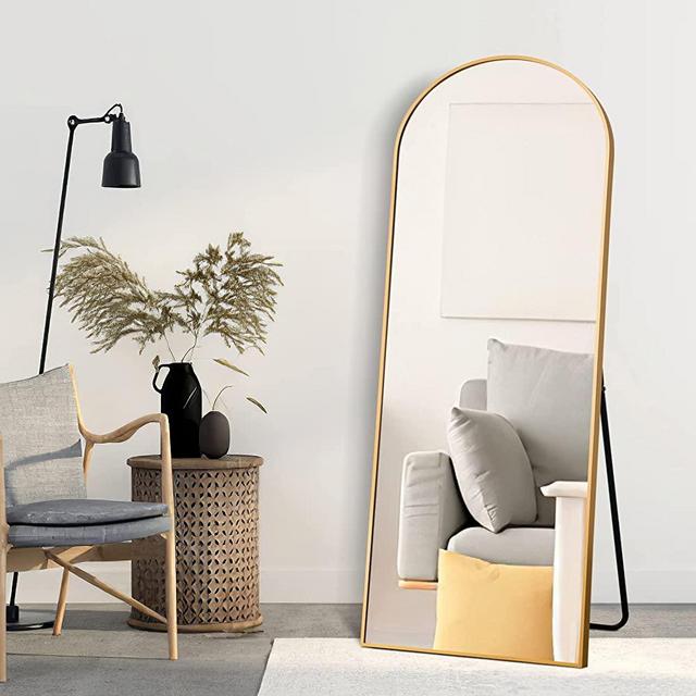 MIRUO Arched Full Length Mirror, 65" x 22" Aluminum Alloy Frame Floor Mirror with Stand, Large Bedroom Mirror Dressing Mirror, Free Standing or Leaning Against Wall, Gold