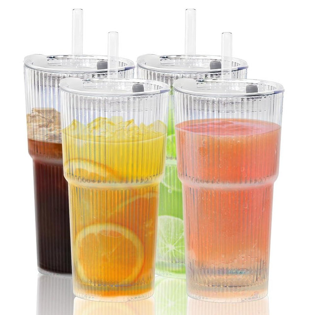 Snextek Rainbow 20 oz Ribbed Glass Tumbler with Lids and Straw 4 Pack, Vintage Glass Cups with Lids and Straws, Thicked Wall Iced Coffee Cups Set, Ideal for Coffee, Smoothies, Cocktails, and Juices