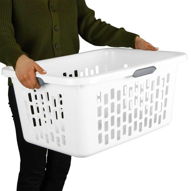 Extra Large Plastic Laundry Basket with Grip Handles, Rectangle Clothes Hamper, 2 Bushel Capacity, White, 26.75x19x12 Inches, for Home, Dorm, and Apartments