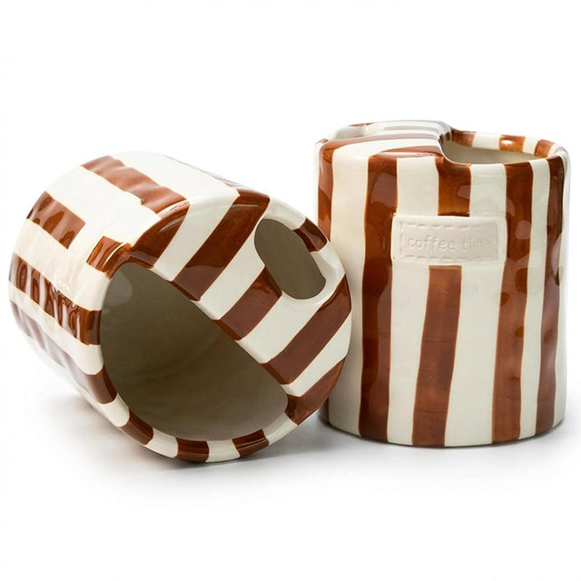 KOIMYSA Ceramic Coffee Mug with Half Lid, 12oz Handmade Retro Striped Travel Mug, Minimalist To Go Coffee Cup for Home Office, Reusable Pottery Tumbler, Brown