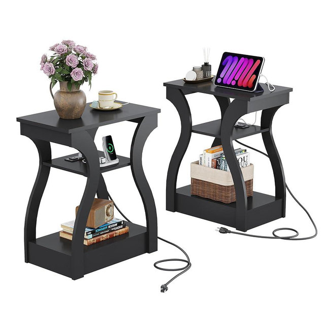 WLIVE Black End Tables Living Room Set of 2, Side Tables with Charging Station, Nightstand for Bedroom, 3 Tier End Table with Storage Shelf, Side Table Set of 2 for Living Room