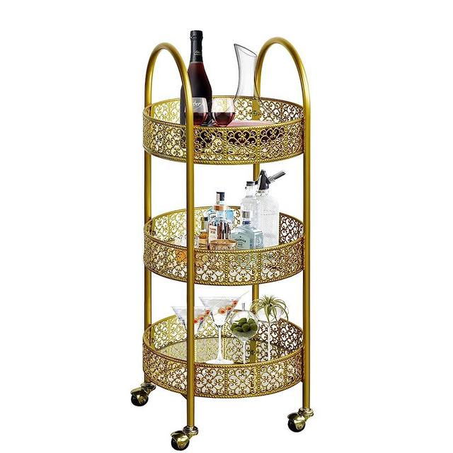 Ohsuaniy Gold Bar Cart, Modern Round Bar Cart 3-Tier Vintage Drink Beverage Cart Rolling Serving Cart with Metal Baskets, Lux Mobile Wine Tea Serving Cart for Liquor