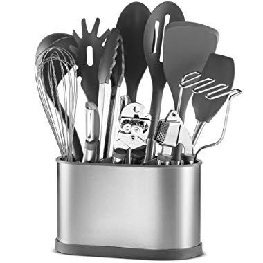 13 Piece Stainless Steel Kitchen Utensil Set Non-Stick Nylon Kitchen Tool Set - Heat Resistant Cooking Utensils with Stainless Steel Utensil Holder - Everyday Cookware Kitchen Gadgets